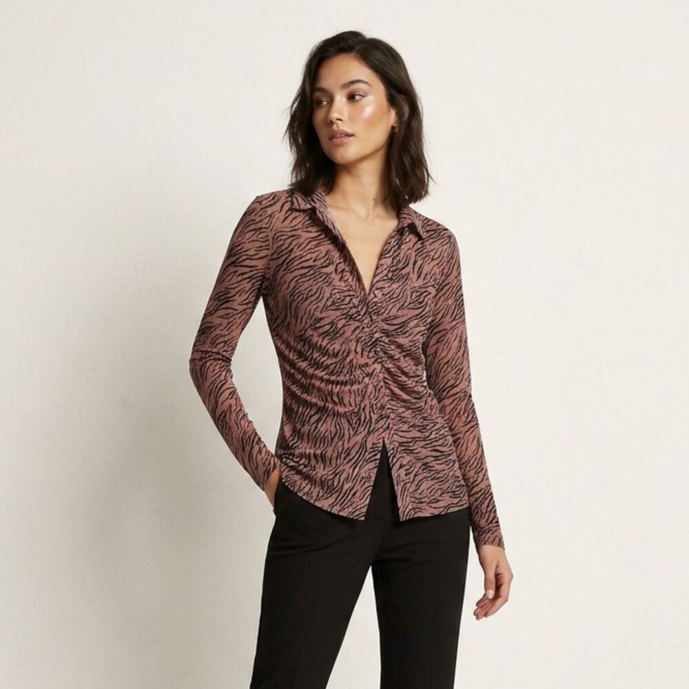 Jane & Delancey Blouse Womens Medium Animal Print Button Up Sheer Shirt